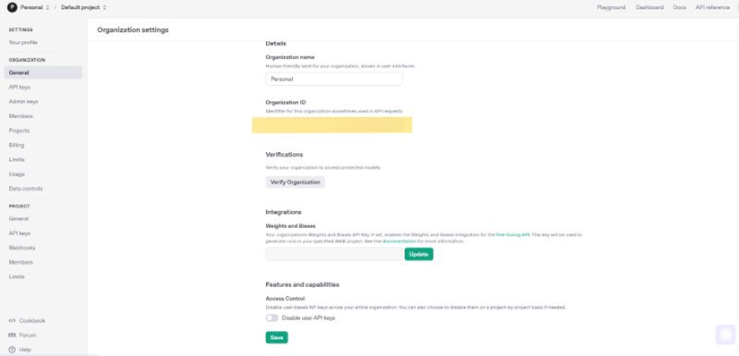 OpenAI Organization IDの確認・設定画面