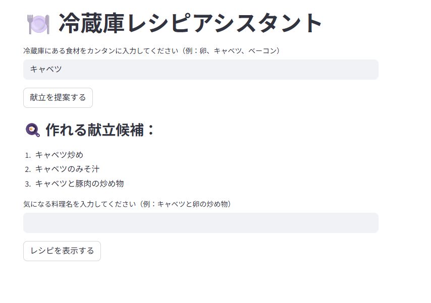ChatGPTとAPIを使って作成した冷蔵庫レシピアシスタントの献立提案画面。キャベツ1品から3つの献立候補が表示される。